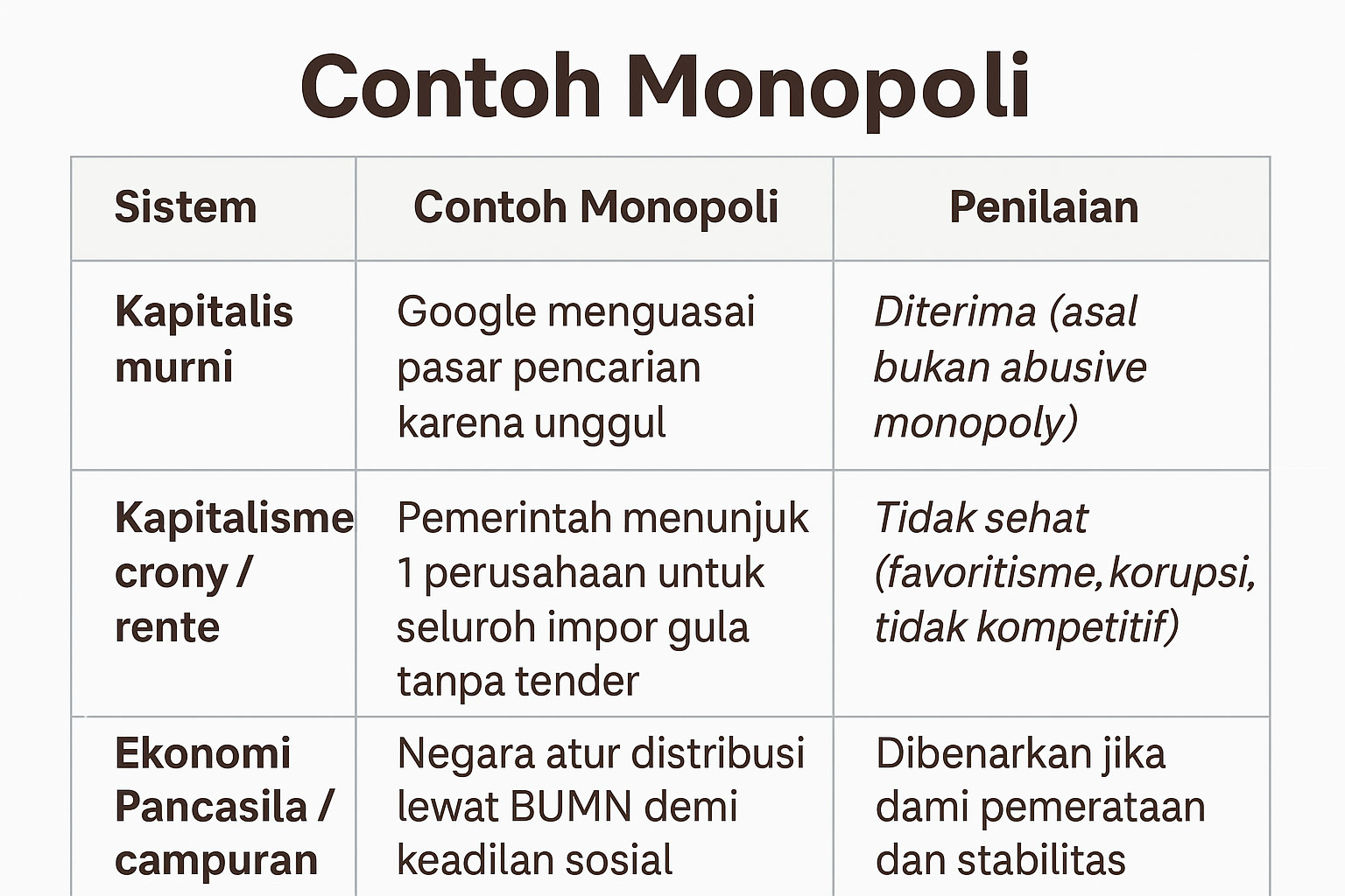 Contoh monopoli ekonomi kapitalisme murni kroni dan Pancasila