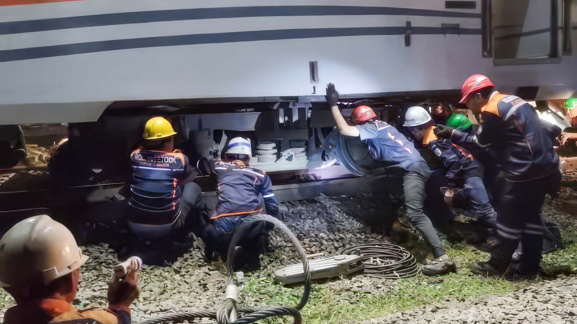 Evakuasi KA Purwojaya yang anjlok dilembur petugas KAI tengah malam demi kelancaran perjalanan kereta api Evakuasi Kereta Purwojaya Selesai, Perjalanan KA Daop 7 Madiun Kembali Normal