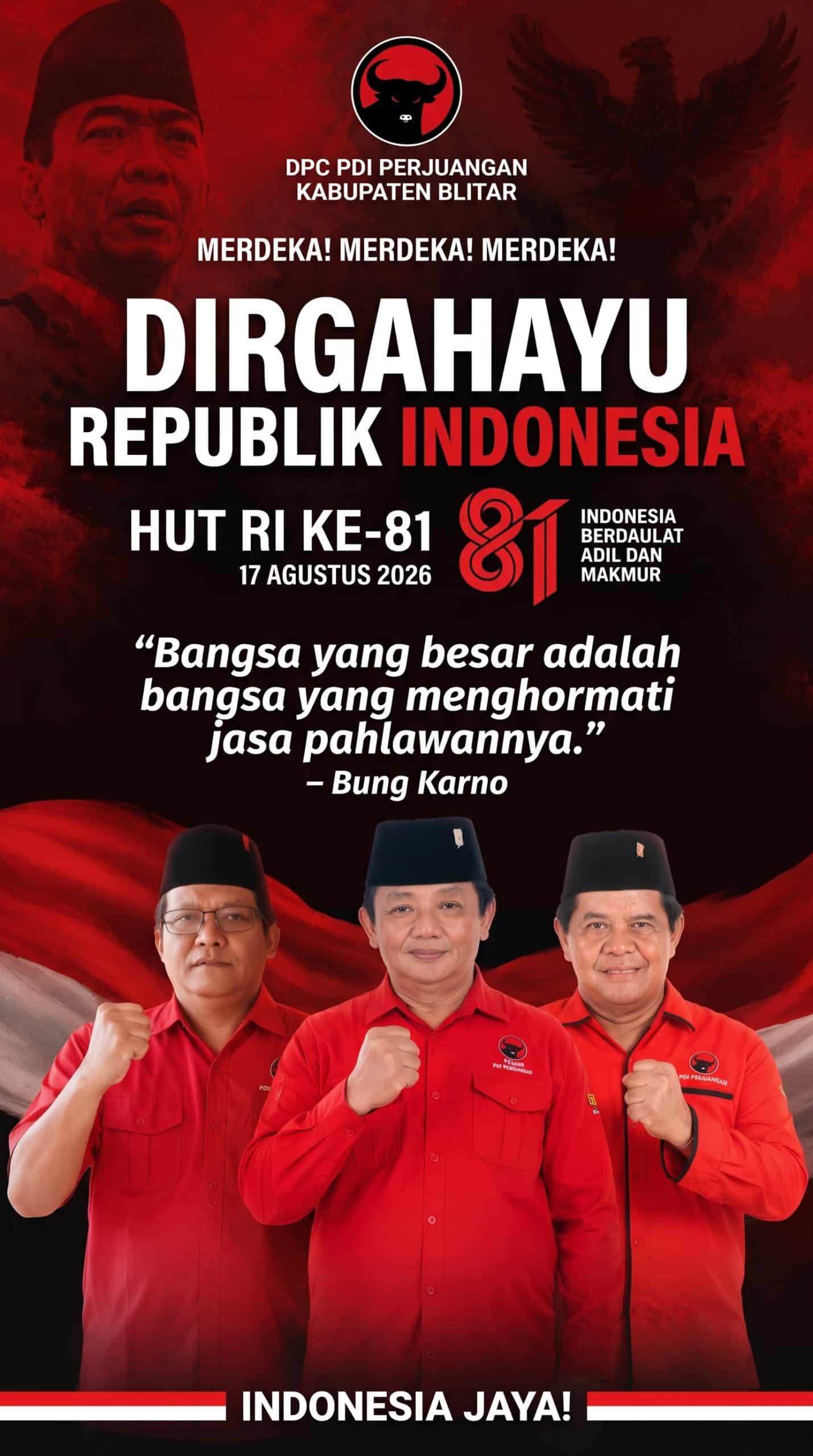 Dirgahayu Republik Indonesia HUT RI Ke-81 DPC PDI Perjuangan Kabupaten Blitar