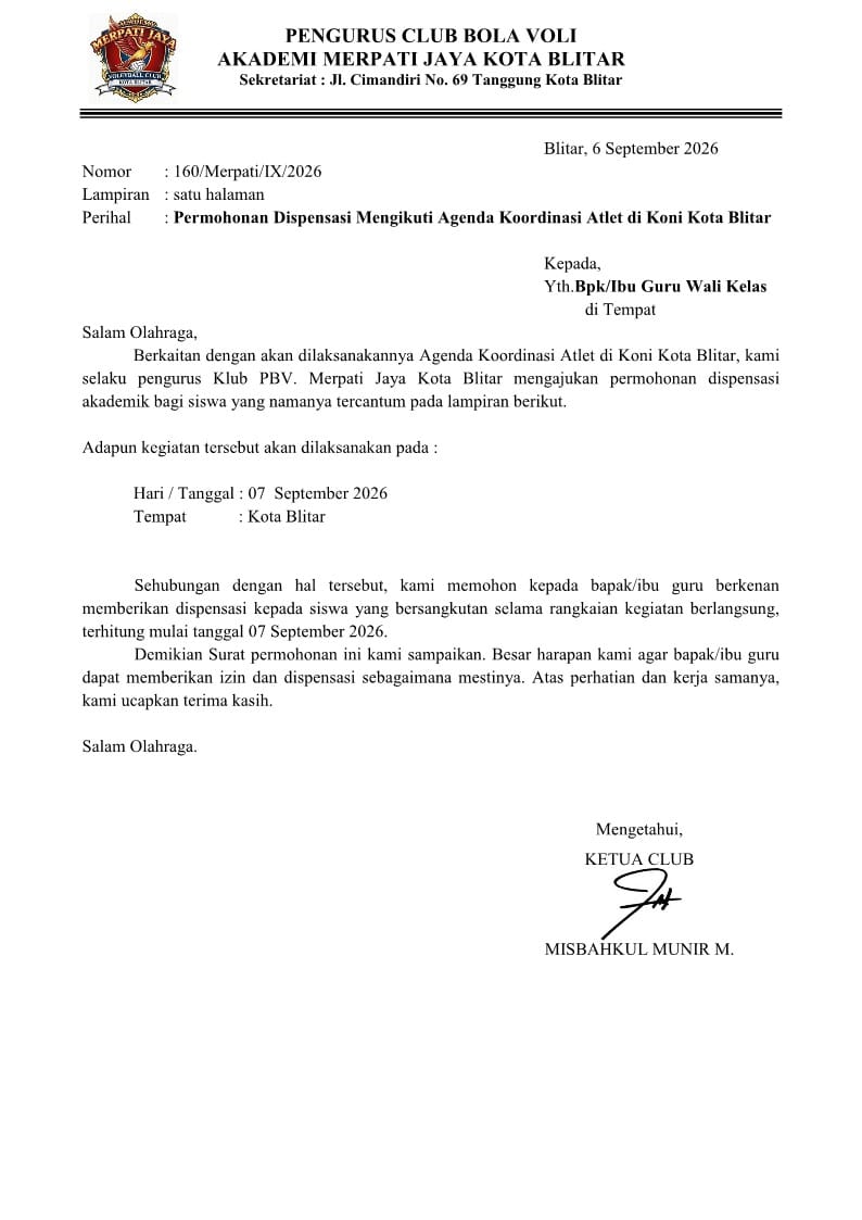 Surat Dipensasi Menipu Siswa Sekolah Demo Koni Kota Blitar Senin 7 September 2026
